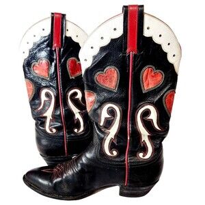 Vtg Larry Mahan Cowgirl Boots Womens Sz 7 Heart Cut Out Western Rodeo Leather